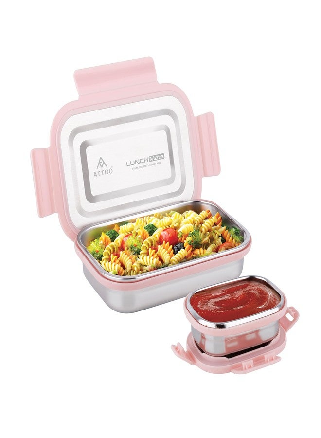 ATTRO Lunchmate Stainless Steel Lunch Box with 1 Small Container Airtight Spill-Proof BPA Free Food Grade Ideal for Office, School, Picnic, 800ml+180ml- Peach - Image 1